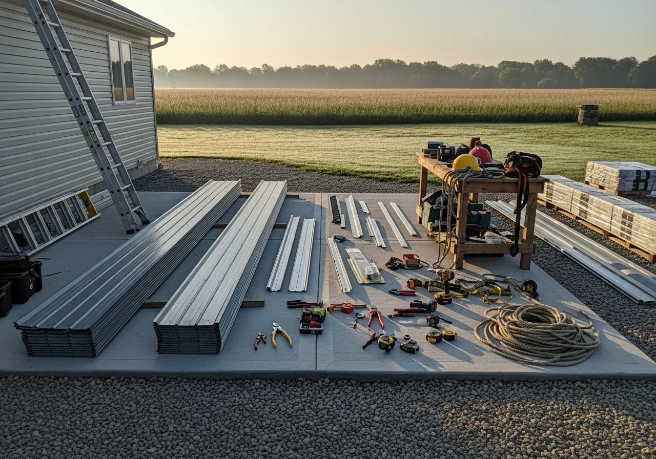 Professional roofing crew with tools and materials on a residential job site, demonstrating installation readiness and worksite organization.