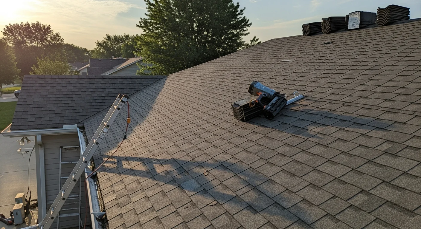 Professional roofer installing new residential roof with precision and attention to detail