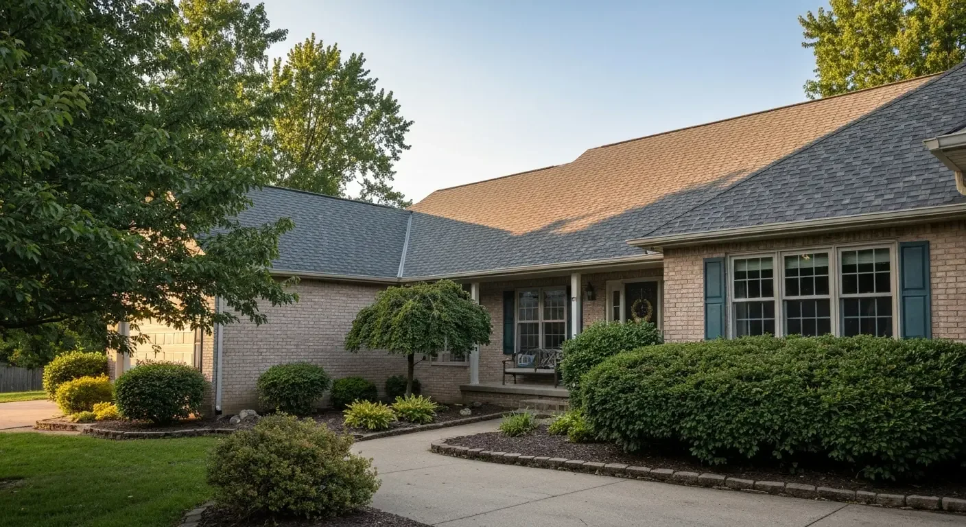 Single-story brick home with architectural asphalt shingle roof in tan and gray tones, metal gutters, and white trim