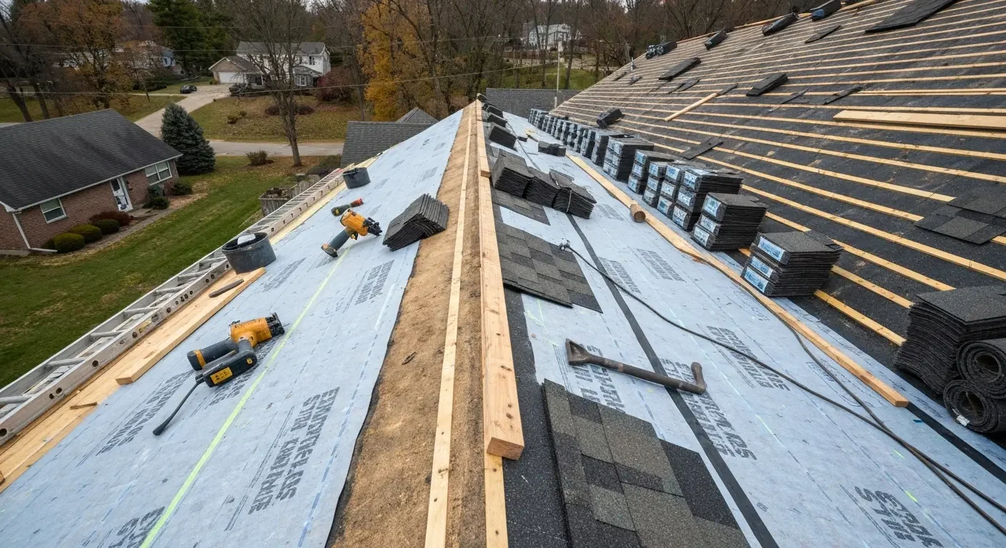 Roof replacement in progress with synthetic underlayment, black asphalt shingle bundles, exposed wood decking, and pneumatic nailer