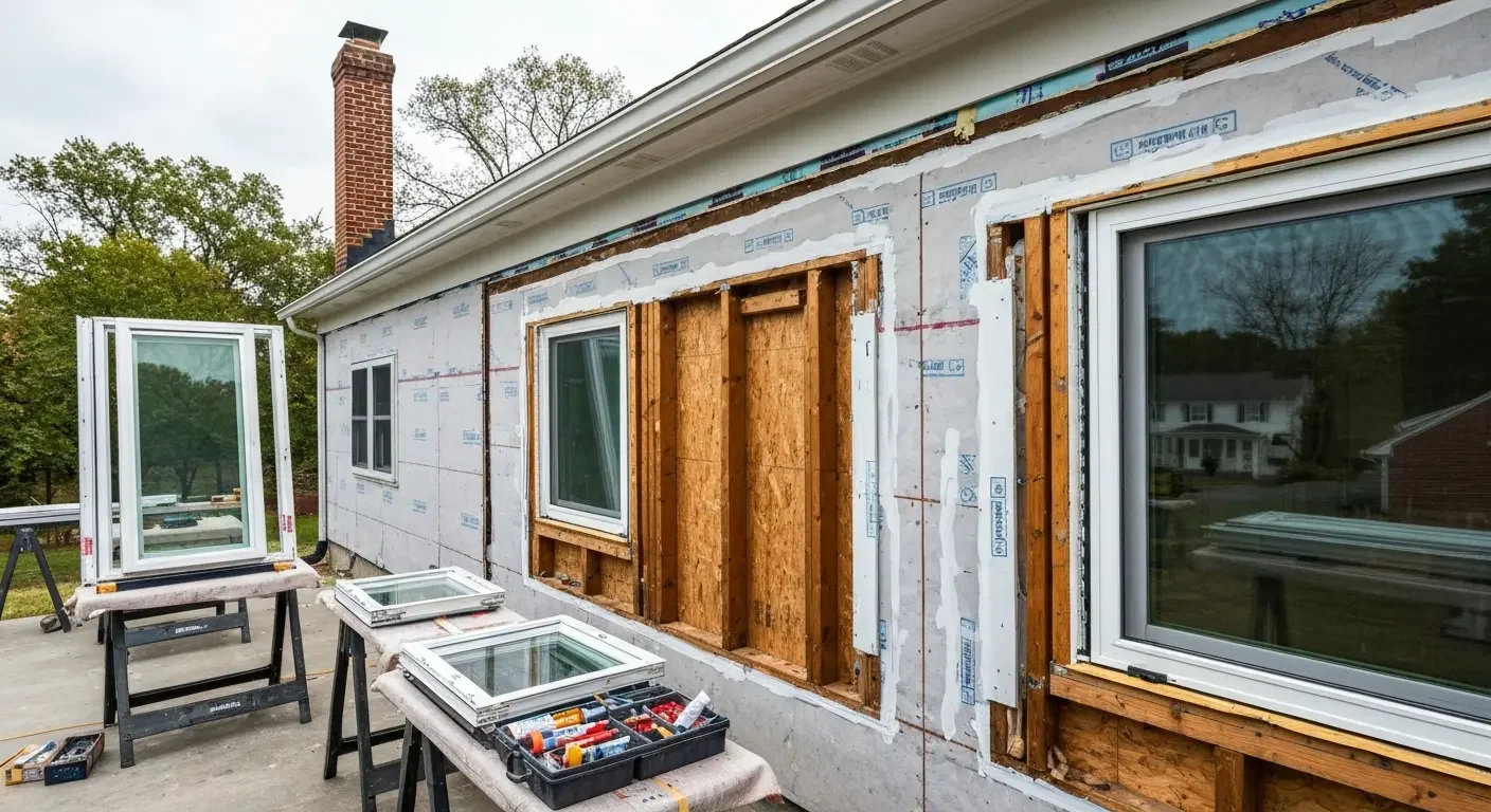 New white vinyl windows staged beside wall openings with exposed wood framing and OSB sheathing during window replacement