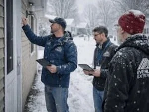Technicians inspecting home exterior siding and window trim in snowy weather with tablets