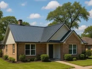 Dark charcoal standing seam metal roof on a brick ranch home with light siding gable accents