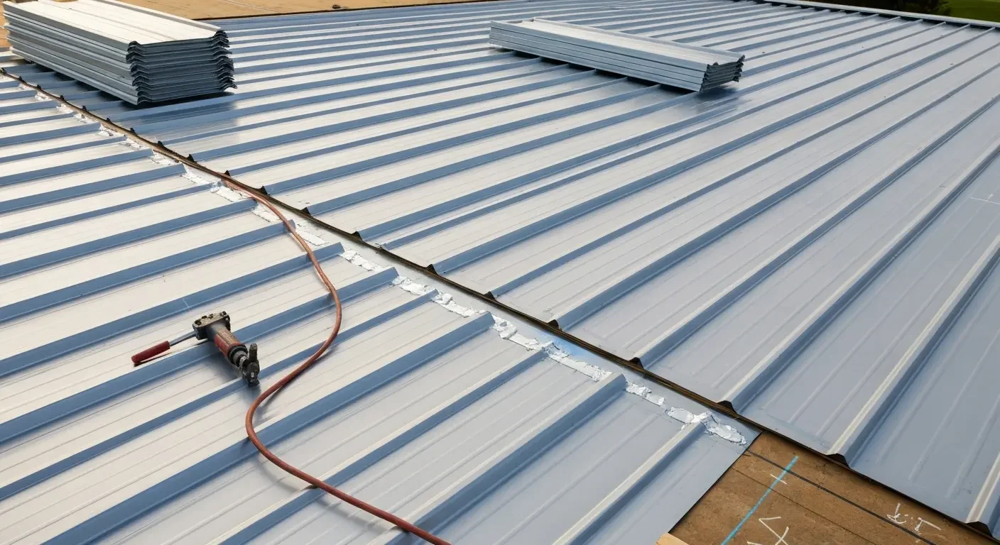 Standing seam metal roof panels being installed with white sealant along seams and a crimping tool on the panels