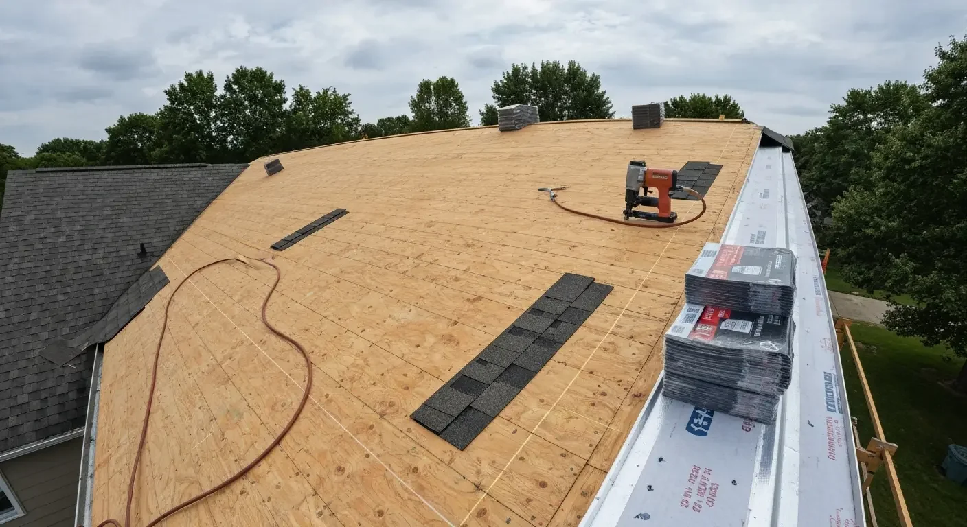 Plywood roof deck with pneumatic nailer, air hose, asphalt shingle bundles, and white synthetic underlayment during roof replacement