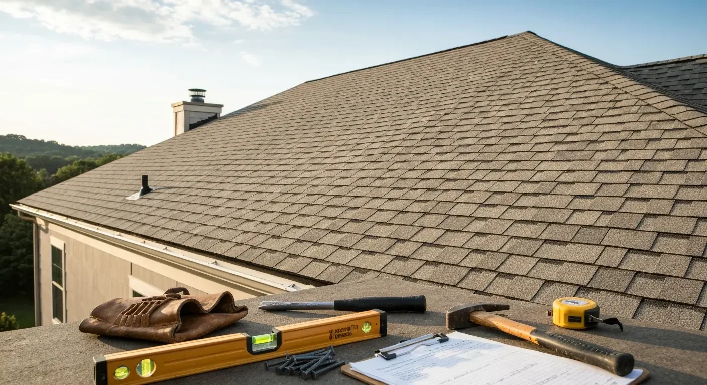 Pitched asphalt shingle roof with brick chimney, plumbing vent, and roofing tools including level, hammer, and tape measure on the surface