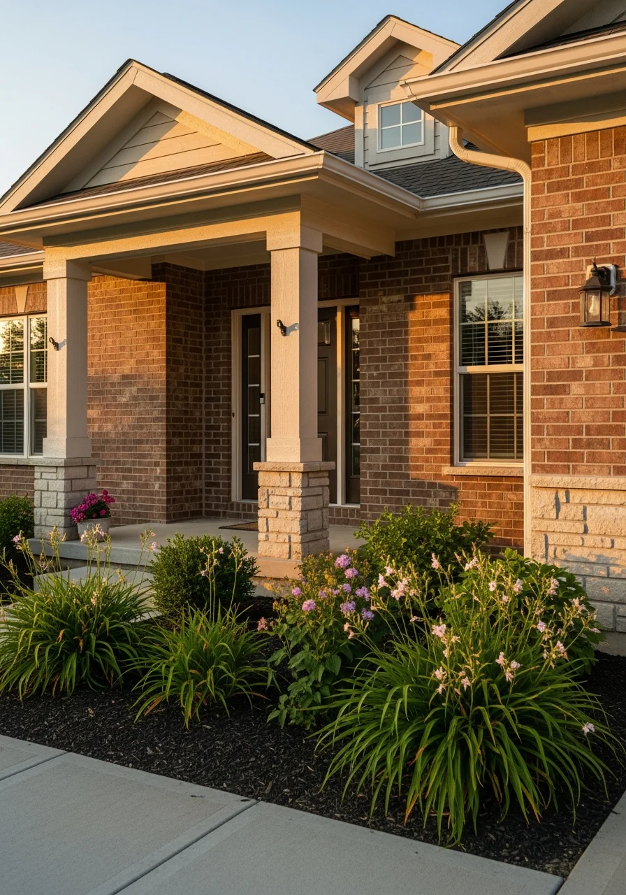 Close-up of a Goshen home's front entrance with a welcoming porch and landscaping.