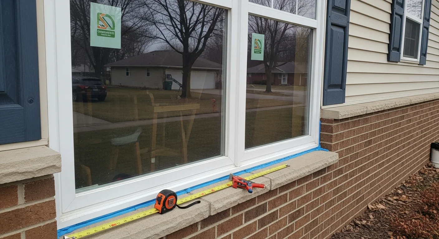 A Goshen Indiana home exterior showing newly installed energy-efficient double-pane windows with clean frames and tight weatherstripping. The installation is complete with finished trim and no visible gaps between the window unit and the surrounding siding.