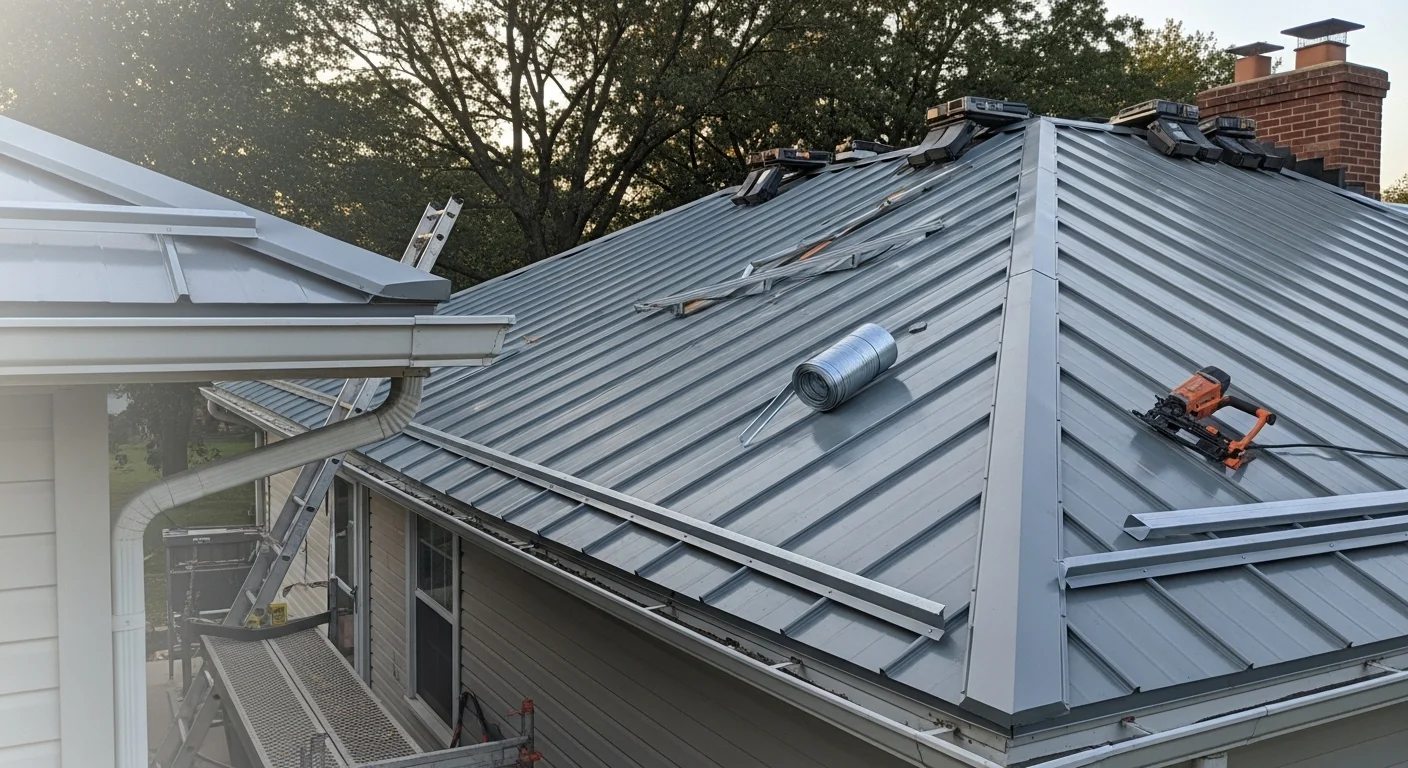 Completed metal roof replacement on a residential home in Goshen, Indiana, showing interlocked metal panels on a pitched roof under clear Midwestern skies. A Everlast Exteriors crew member performs a final inspection along the ridge line.
