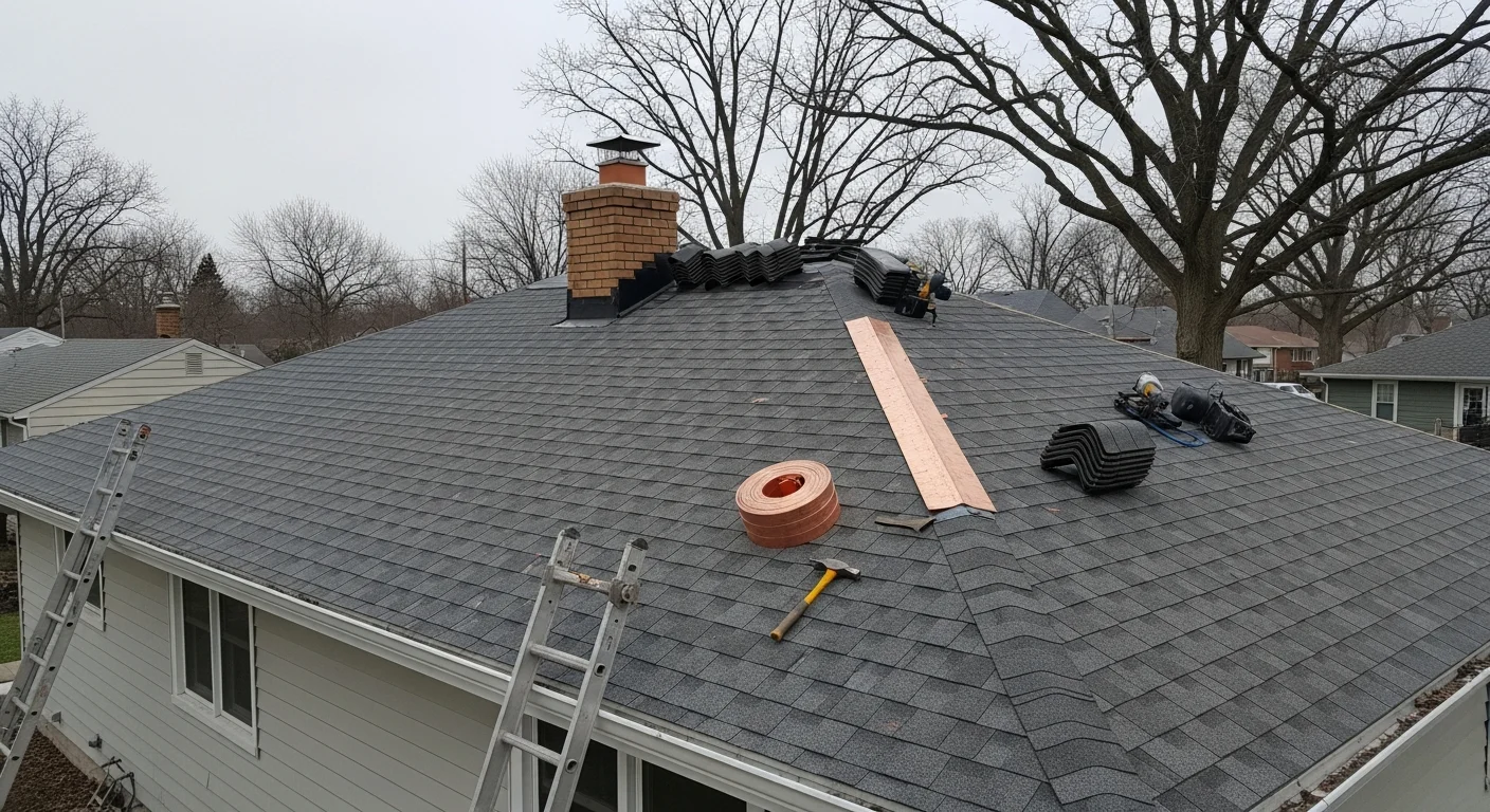 A newly installed residential roof on a single-family home in Goshen, Indiana, showing clean ridge lines and uniform shingle coursing. The surrounding tree-lined street reflects the residential neighborhoods typical of the Goshen area.