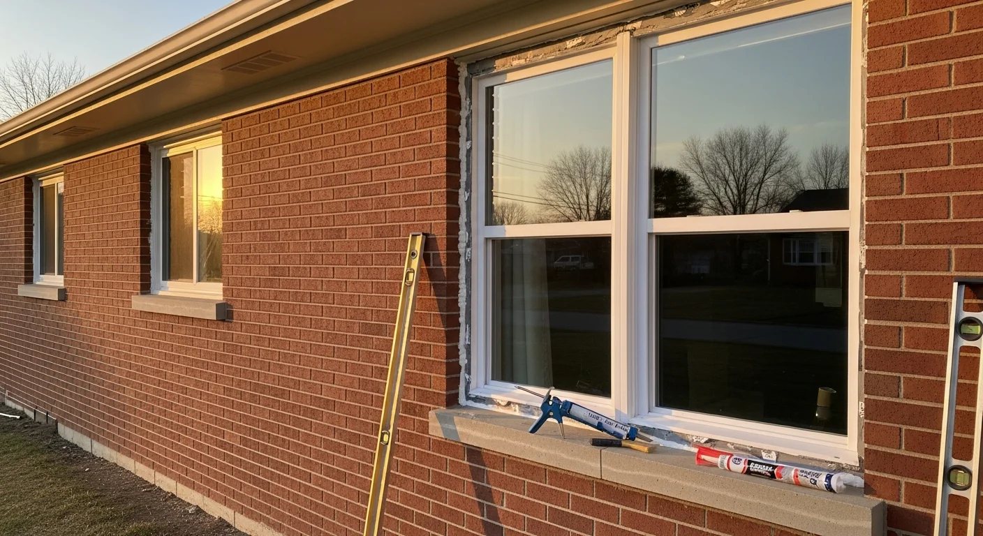 A Goshen Indiana residential home with newly installed double-hung windows, showing clean frame lines and tight weatherstripping against a typical Northern Indiana exterior. Close-up view of the finished window frame set flush into a brick facade on a single-family home.