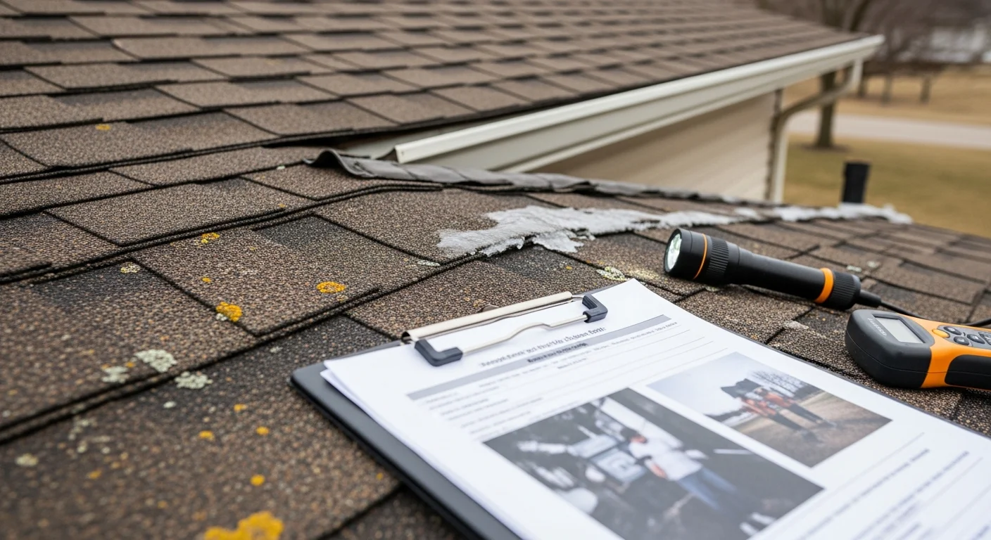 A roofing contractor from Everlast Exteriors inspecting shingles and flashing on a residential roof in Goshen, Indiana. Close-up view of the roof surface showing areas being assessed for storm wear and granule loss.