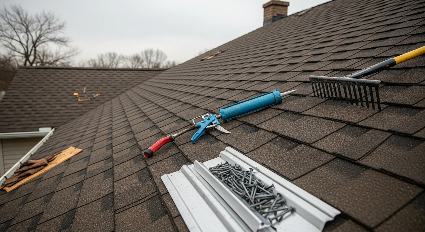 A roofing contractor from Everlast Exteriors replacing damaged shingles on a residential home in Goshen, Indiana. Close-up view shows repaired flashing and new shingles along the roof edge after storm damage.