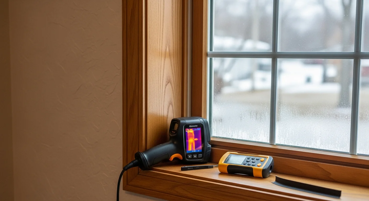 An Everlast Exteriors technician inspecting a residential window frame for seal failure and moisture damage on a Goshen, Indiana home. Close-up view of the window sill and glazing being assessed during a professional window inspection.