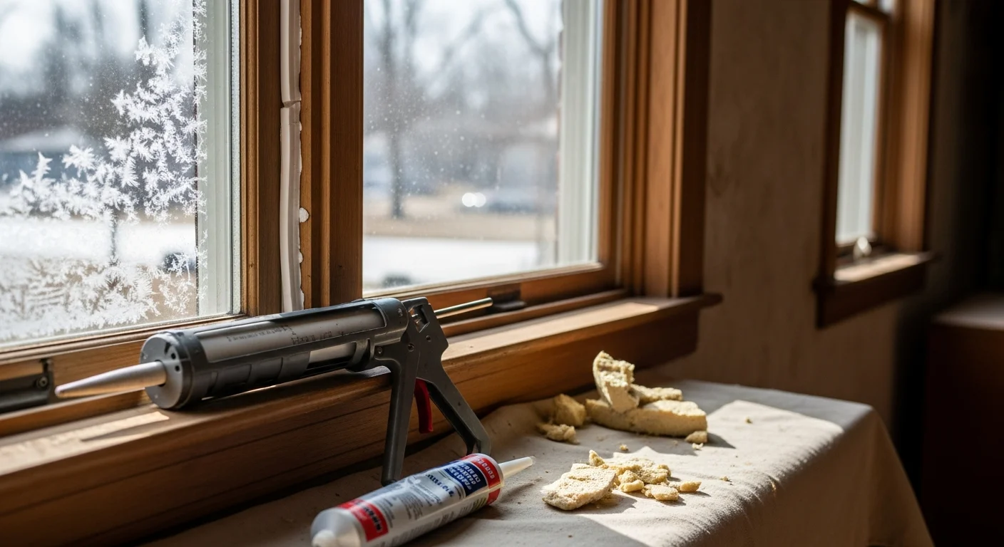 A repaired double-pane window on a residential home in Goshen, Indiana, showing a clear, fog-free glass pane and a clean, sealed frame. A technician from Everlast Exteriors inspects the finished window from the exterior.