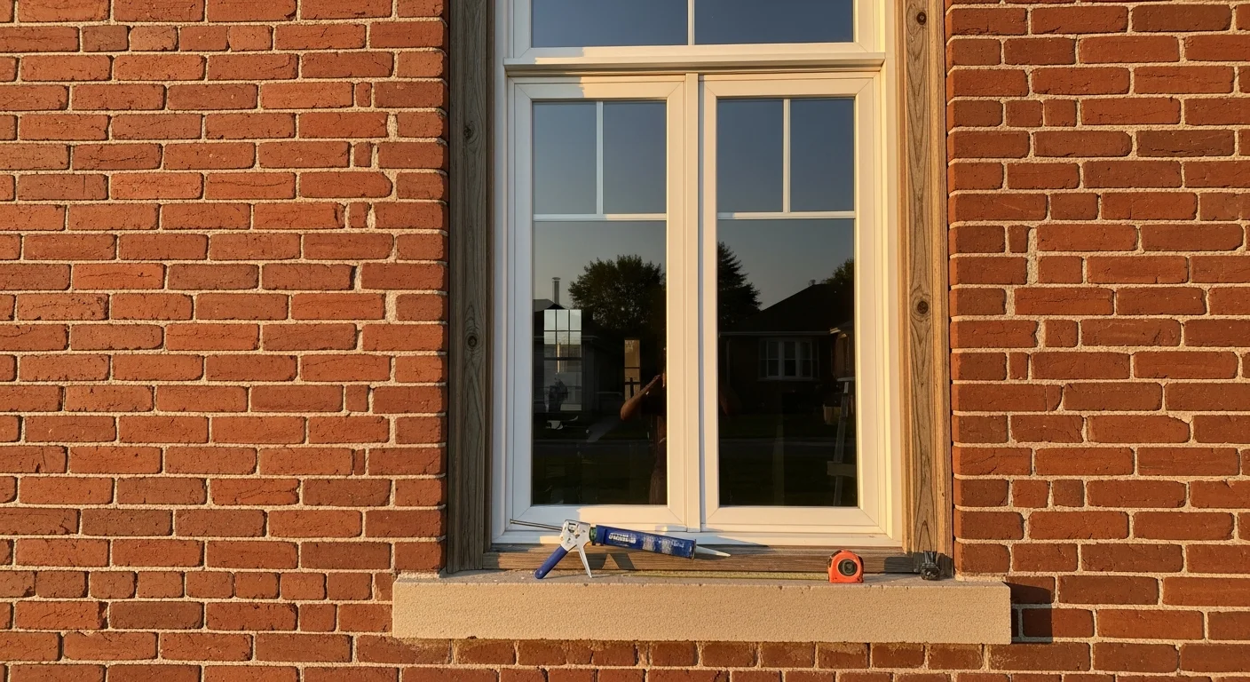 A Goshen, Indiana single-family home with newly installed replacement windows featuring clean frames and no visible gaps around the exterior trim. The image shows the front elevation of a mid-century ranch-style house with updated windows that sit flush against the siding.